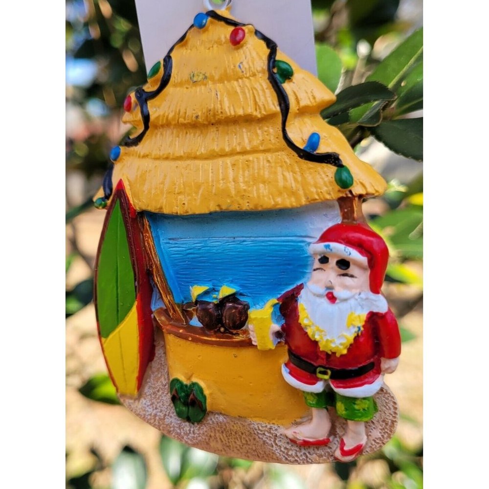 Tiki Hut Bar Hawaiian Santa Ornament With Surfboard Resin 3"